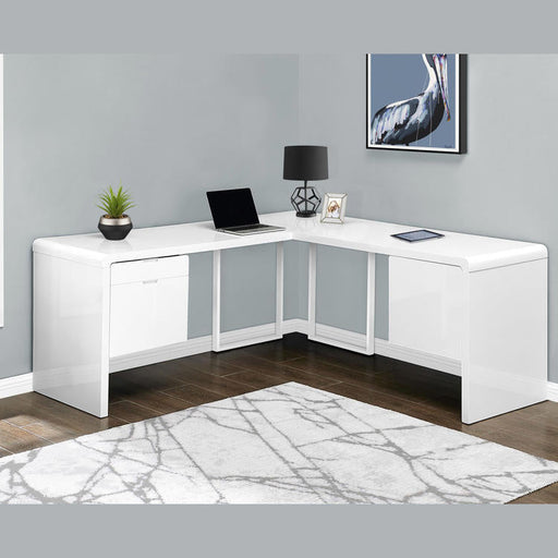 Monarch Specialties I 7582 | Computer workstation - 70" - Corner - L-shaped design - Reversible configuration - With drawers - Gloss white finish-Sonxplus 